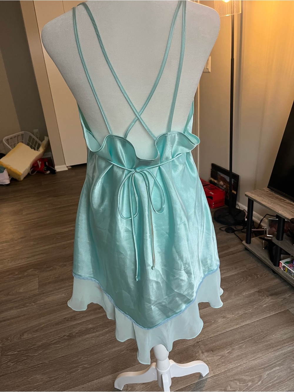 Silky Aqua Lace-Trim Chemise Nightdress - Picture 6 of 9